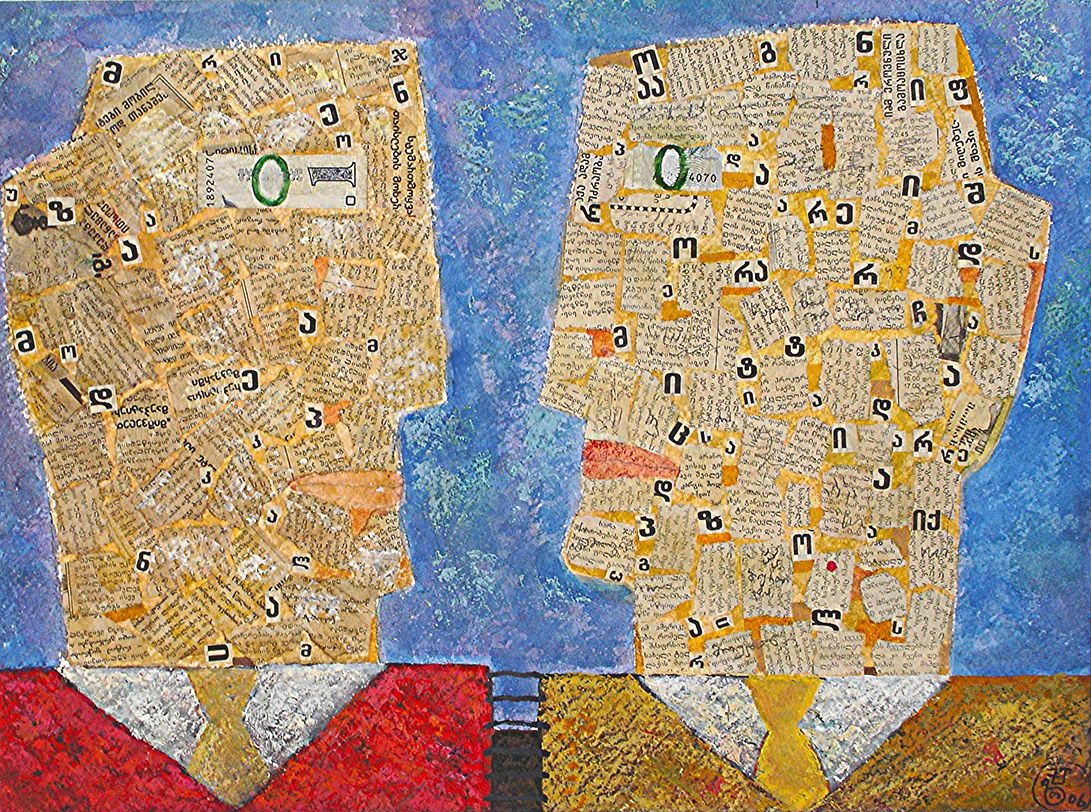 Zwei Klatschende Manner | Two Gossiping Men | 2006 Tempera-Collage, Papier 30 X 40cm